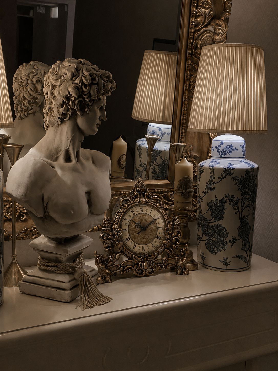 classic and elegant mantel clock with bust and classic table lamp