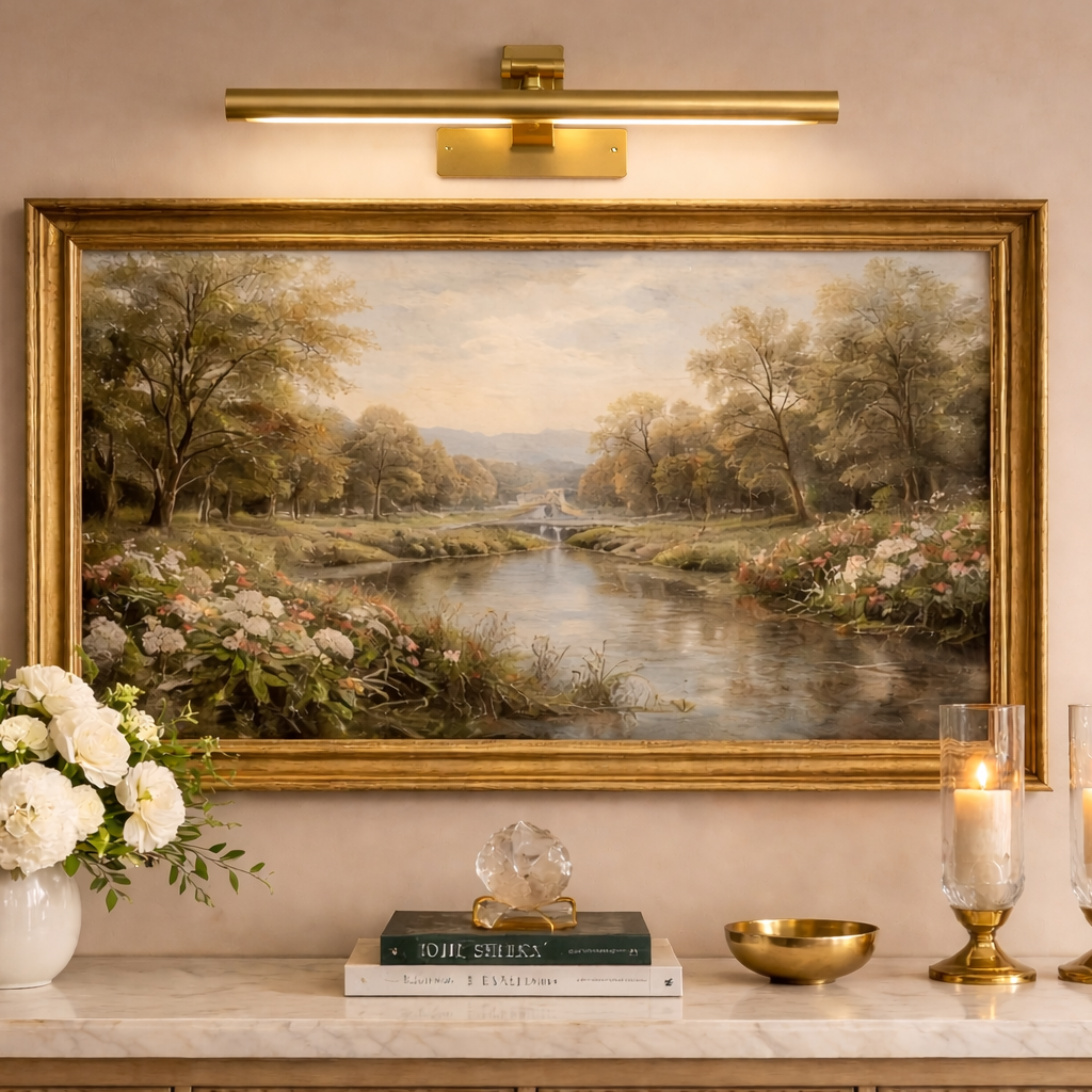 Wireless Brass Art Light highlighting a landscape painting on a marble mantel; dimmable 4800mAh battery-operated lighting for stately home decor and fine art.