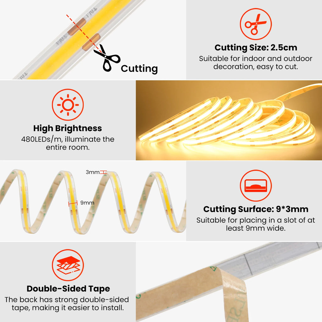 The Solara Solar COB LED Strip Light, detail view