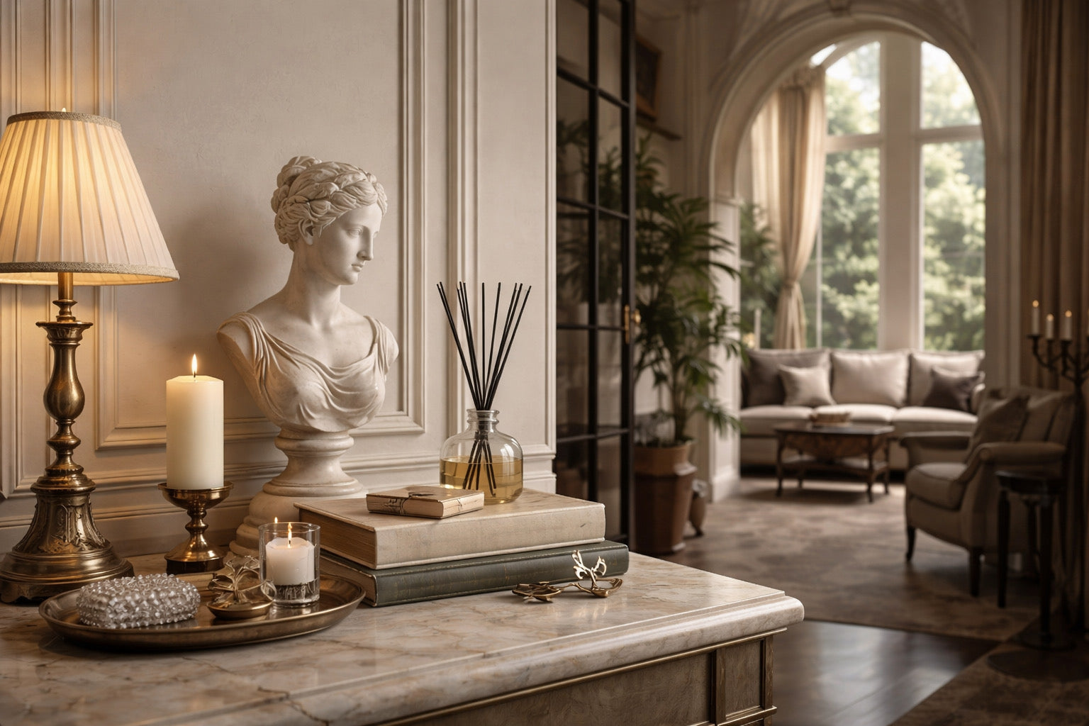 Von Alden luxury home decor featuring ambient lighting in a classical living room.