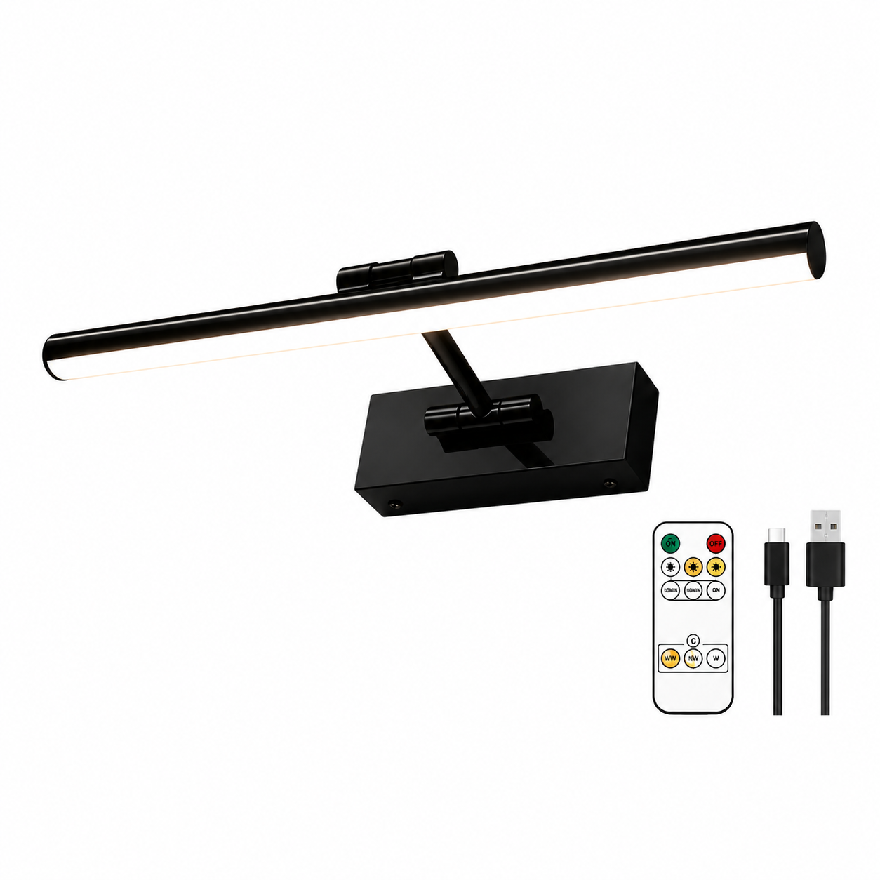 Obsidian LED picture light with remote control and USB cable on a white background