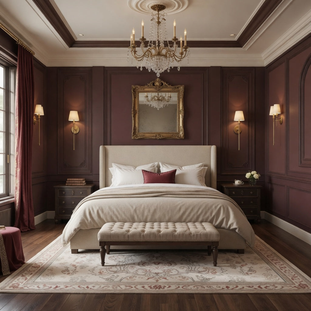 A master bedroom in a moody heritage house with deep burgundy paneled walls, featuring two sets of stately Adler brass sconces flanking a large gilded mirror and crystal chandelier.
