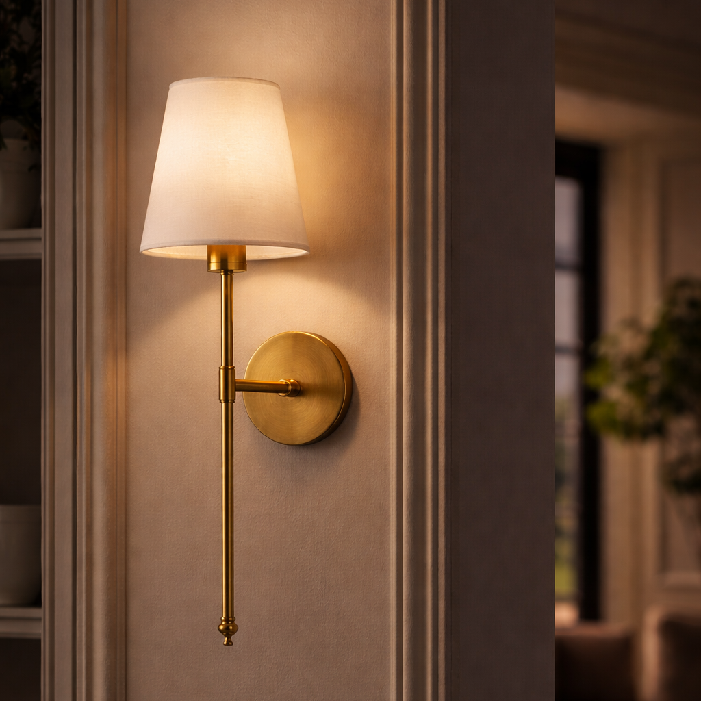 Detailed close-up of the stately Adler Sconce in hand-finished brass, illuminating a moody, textured wall with a soft, warm diffused glow.