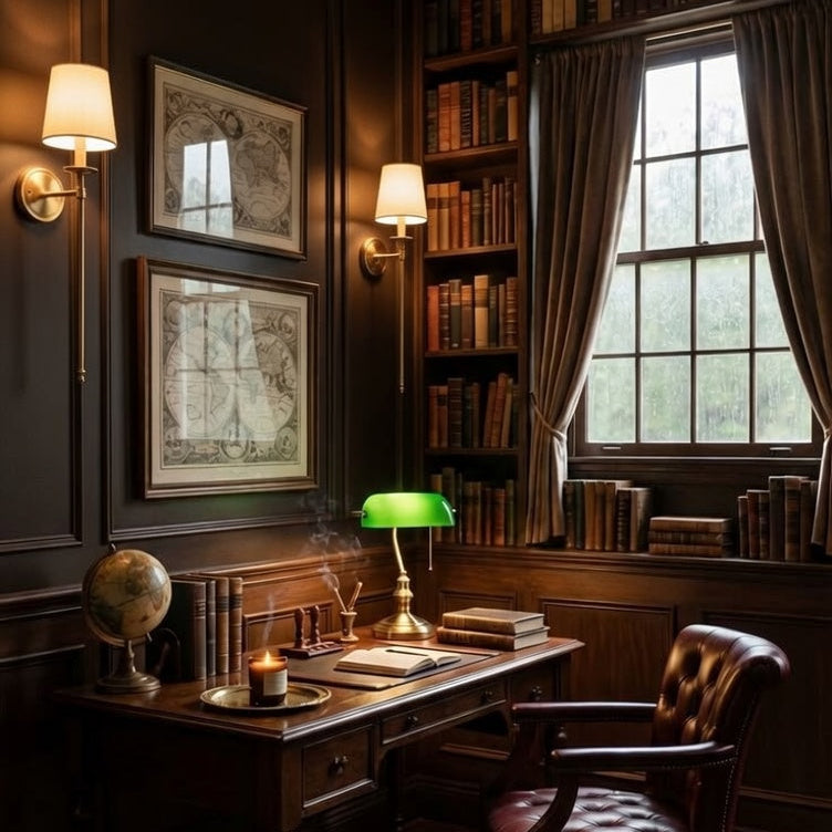 Moody corner study in a dark-paneled heritage house, featuring two stately Adler brass sconces with refined linen shades casting a warm 2700K glow over a mahogany desk and library.