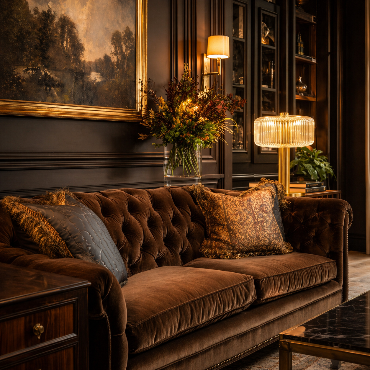 Luxurious living room with a brown velvet sofa, decorative pillows, and a painting on the wall featuring the Gatsby Table Lamp.