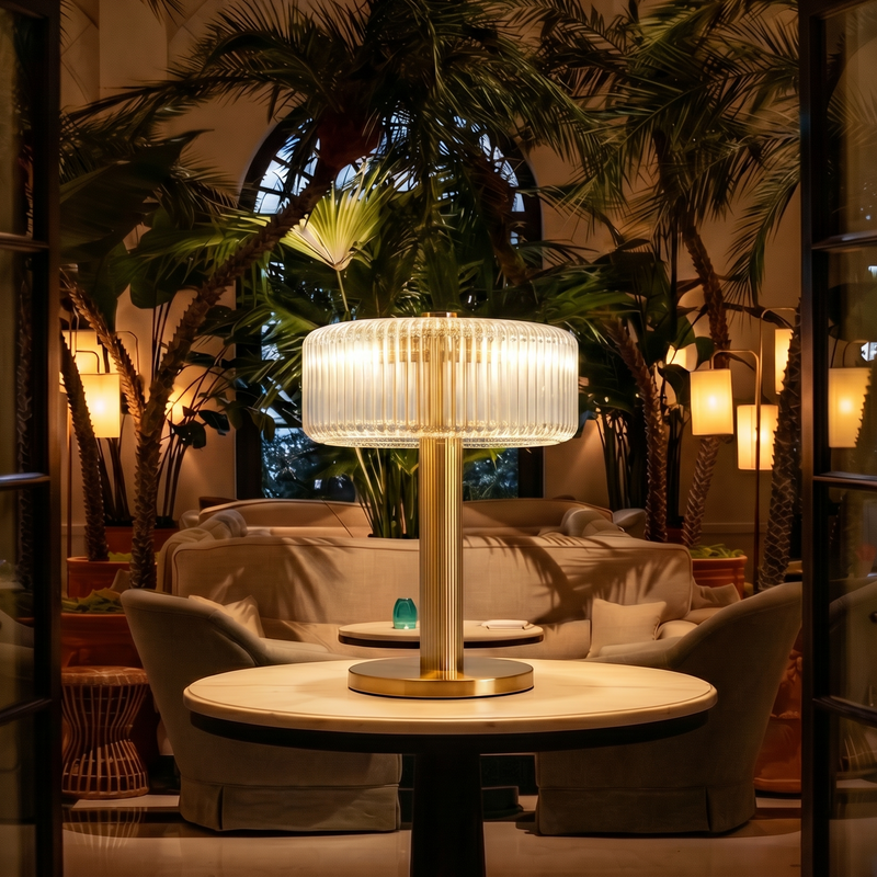 Brass Table Lamp with fluted glass shade. Neoclassical inspired Gatsby edition lamp providing a warm glow for stately interiors.