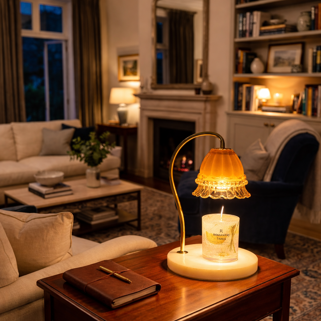 Fleur Edition candle warming lamp evening interior — layered ambient lighting cozy ambiance — Von Alden
