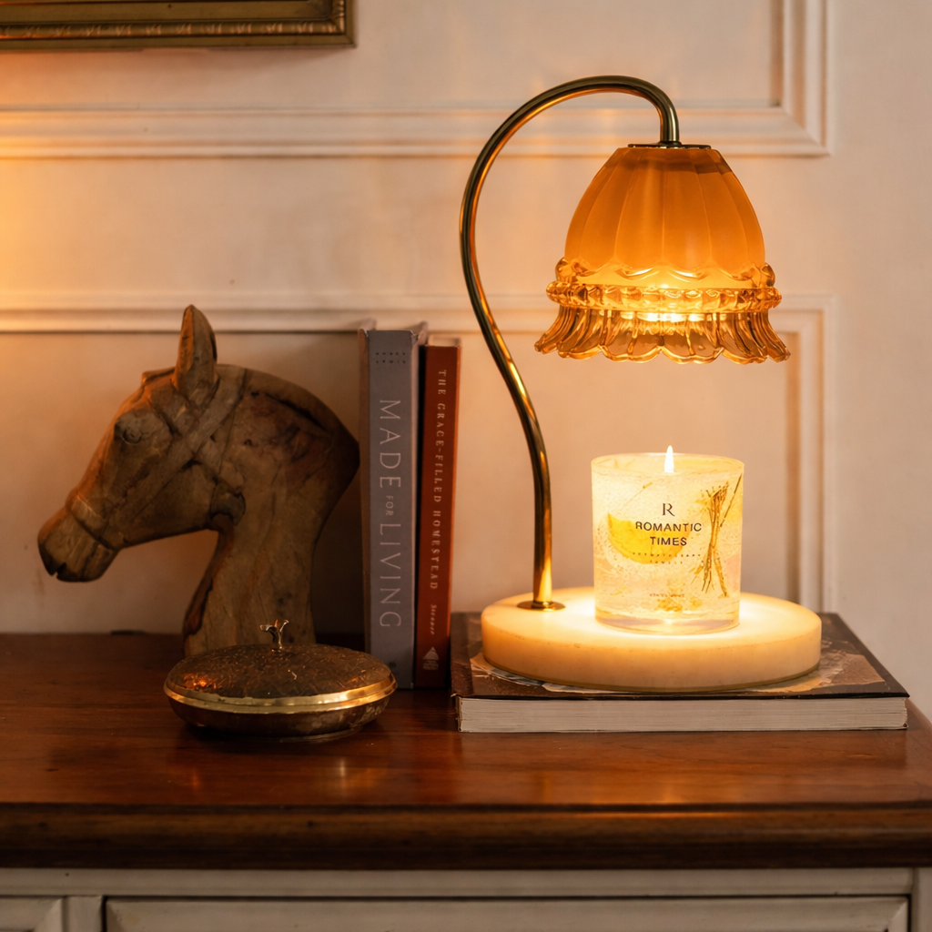 Scalloped glass shade detail — candle warming lamp low glare atmospheric light — Von Alden home decor