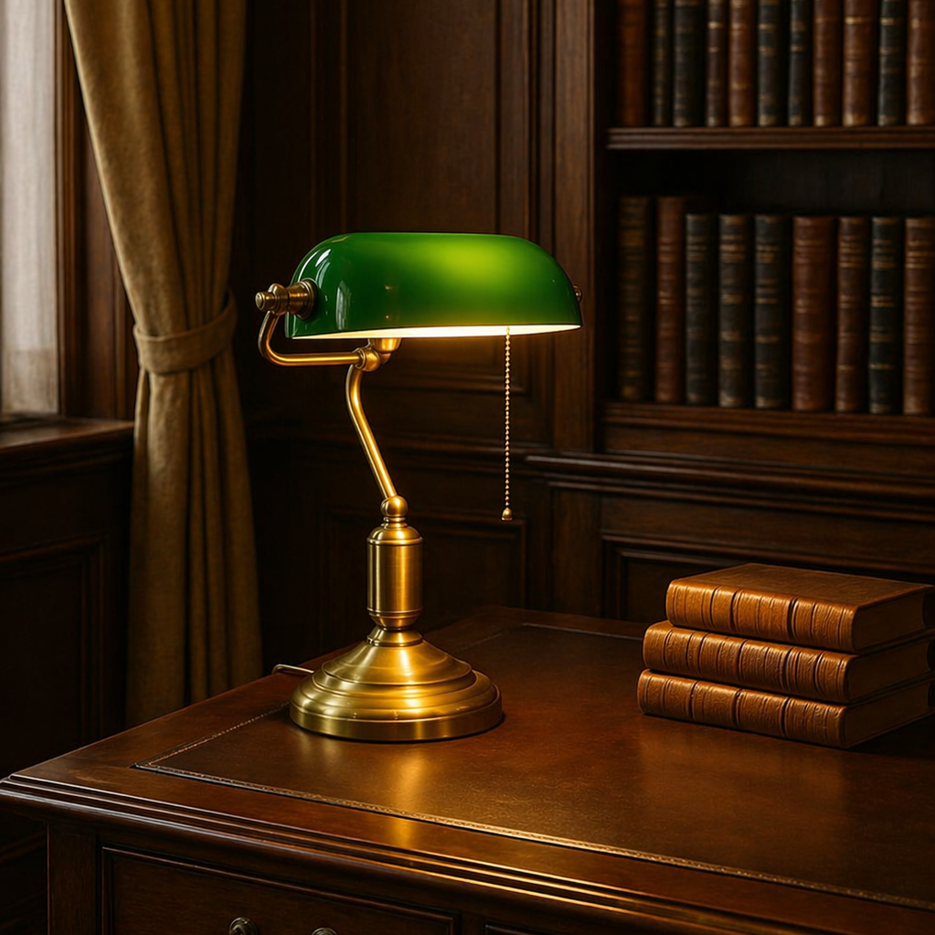 green bankers lamp with brass base on a wooden desk in a library setting.

