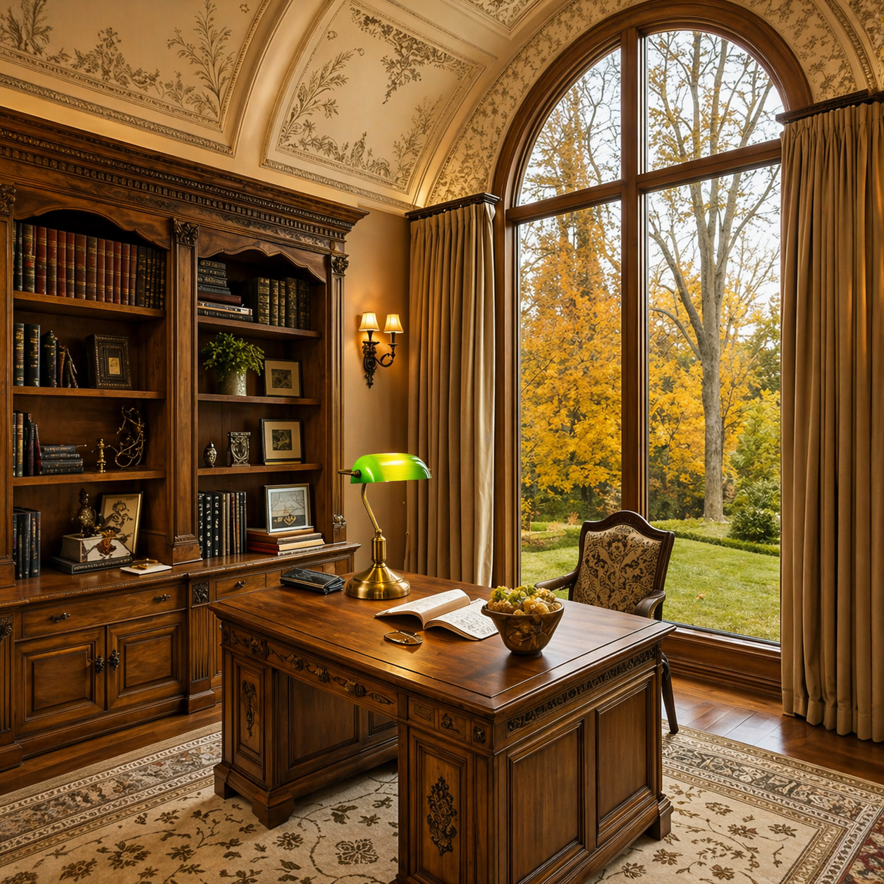 Luxurious home office with wooden desk, bookshelves, and large window with autumn view, featuring green bankers lamp, the Montgomery edition