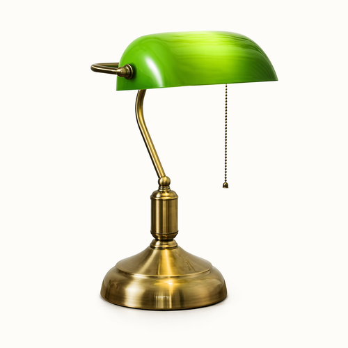 Green bankers lamp with a brass base on a white background, the Montgomery edition.