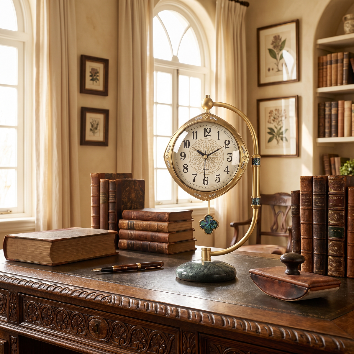 Brass pendulum desktop clock, daytime lifestyle, Von Alden