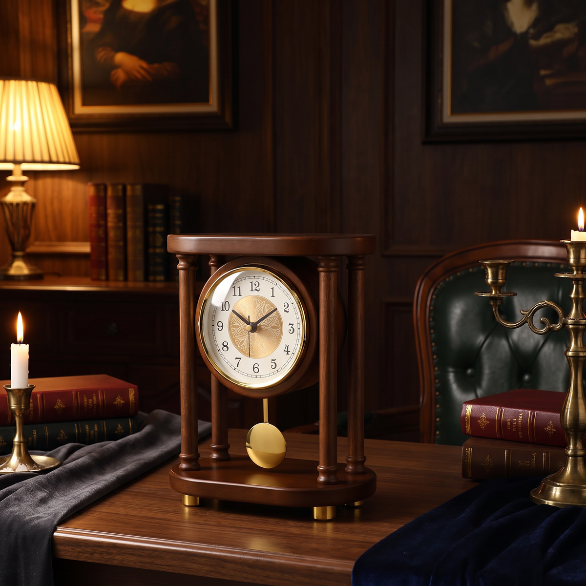 Solid wood desk clock, evening lifestyle, Von Alden