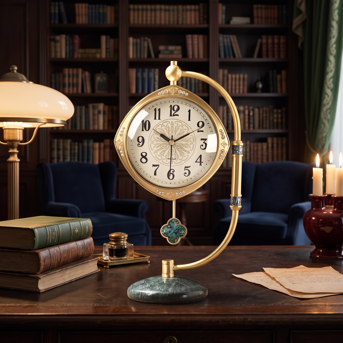 Brass pendulum desktop clock, evening lifestyle, Von Alden