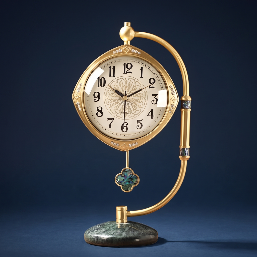 Brass pendulum desktop clock, studio product shot, Von Alden