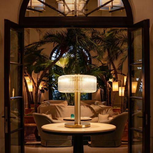 The Indoor setting with a table and chairs, illuminated by a large lamp, with palm trees in the background. The Gatsby Table Lamp shown in the foreground of the image.