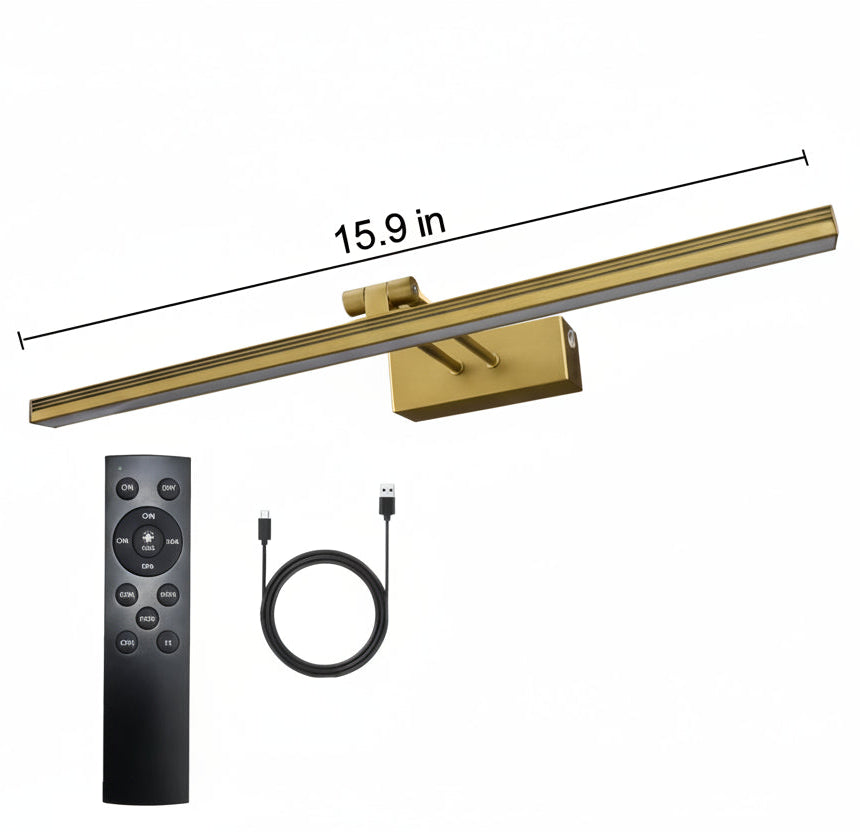 Gold linear LED wall light fixture with a wall mount bracket, shown with a black remote control and USB charging cable on a white background, with a dimension label indicating 15.9 inches in length.


