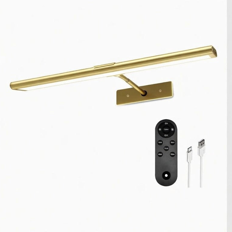 Rechargeable Picture Light in brushed brass featuring a magnetic mount, remote control, and USB-C cable for wireless gallery displays and photo frames.