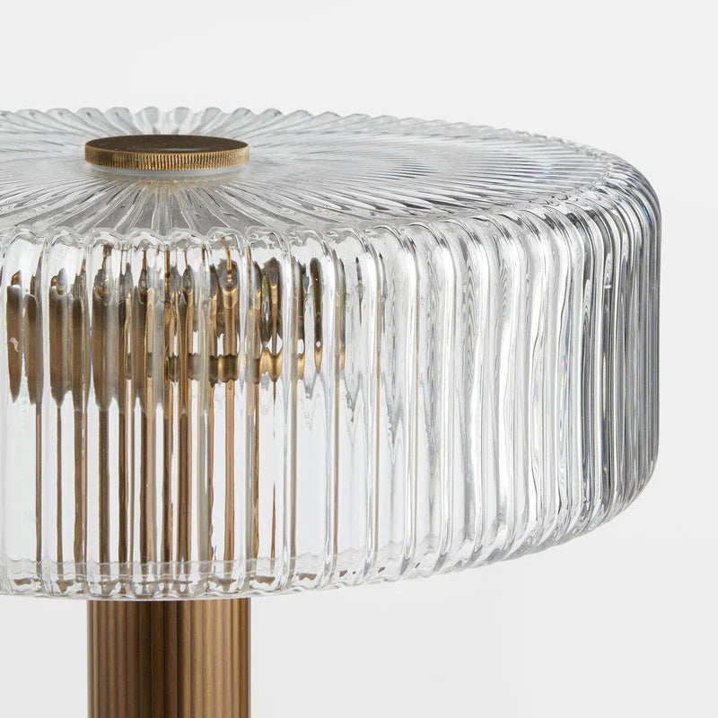 Detail of the hand-pressed fluted glass shade, showing the linear texture and museum-grade light diffusion.