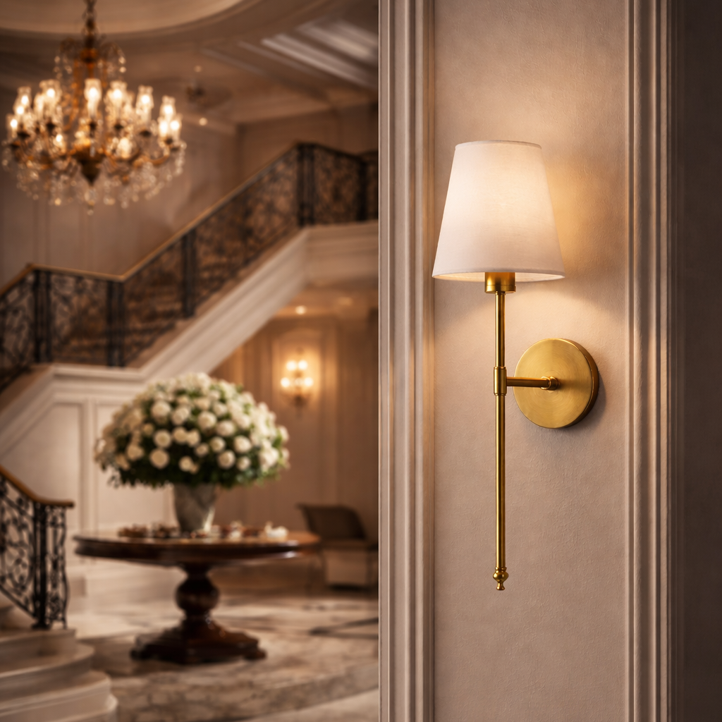 A stately Adler brass sconce with a refined linen shade anchors a classical foyer, reflecting Old Money luxury alongside a large marble staircase and chandelier.