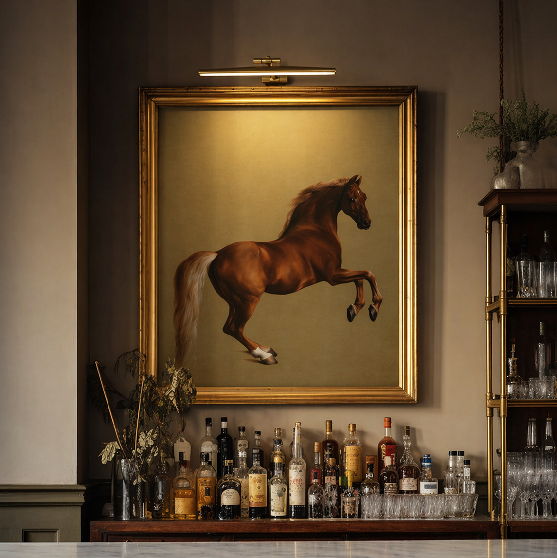 Brass picture light, the Biltmore edition, over an elegant Equestrian oil painting in a home liquor room.