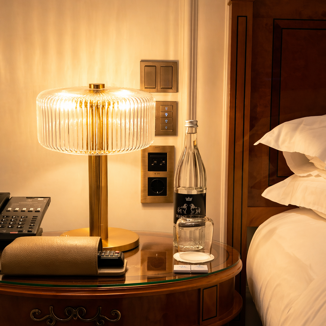 Fluted Glass nightstand with lamp, water bottle, and phone next to a bed in a hotel room.