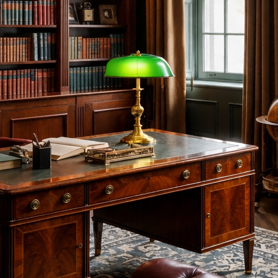Green Brass Bankers Lamp with a hand-blown emerald glass shade and brass base; Neoclassical desk lamp for Dark Academia offices featuring a warm glow.