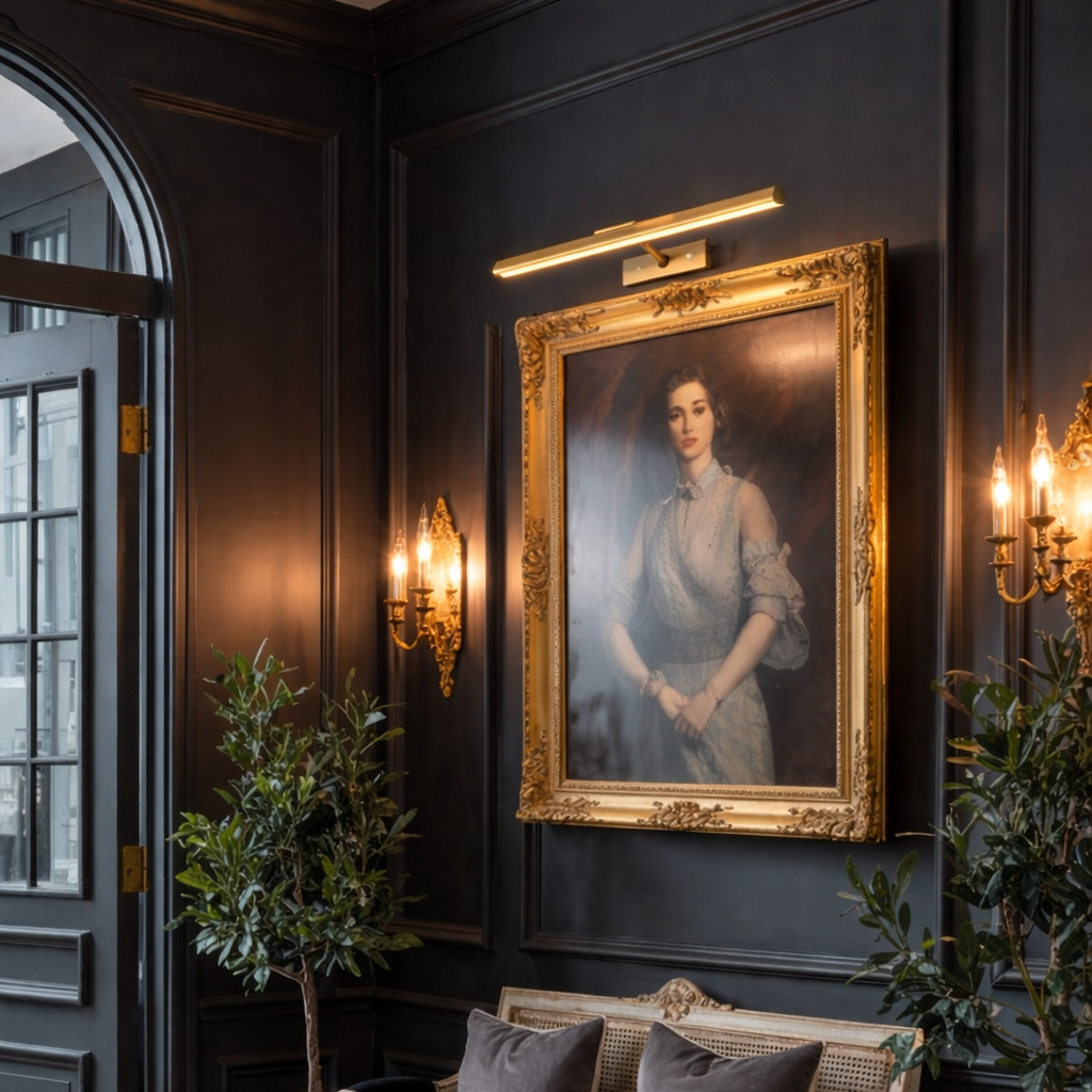 16" Wireless Brass Picture Light illuminating a classical portrait in a stately library; battery-powered art lighting with a CRI 90+ warm glow and brushed gold finish.