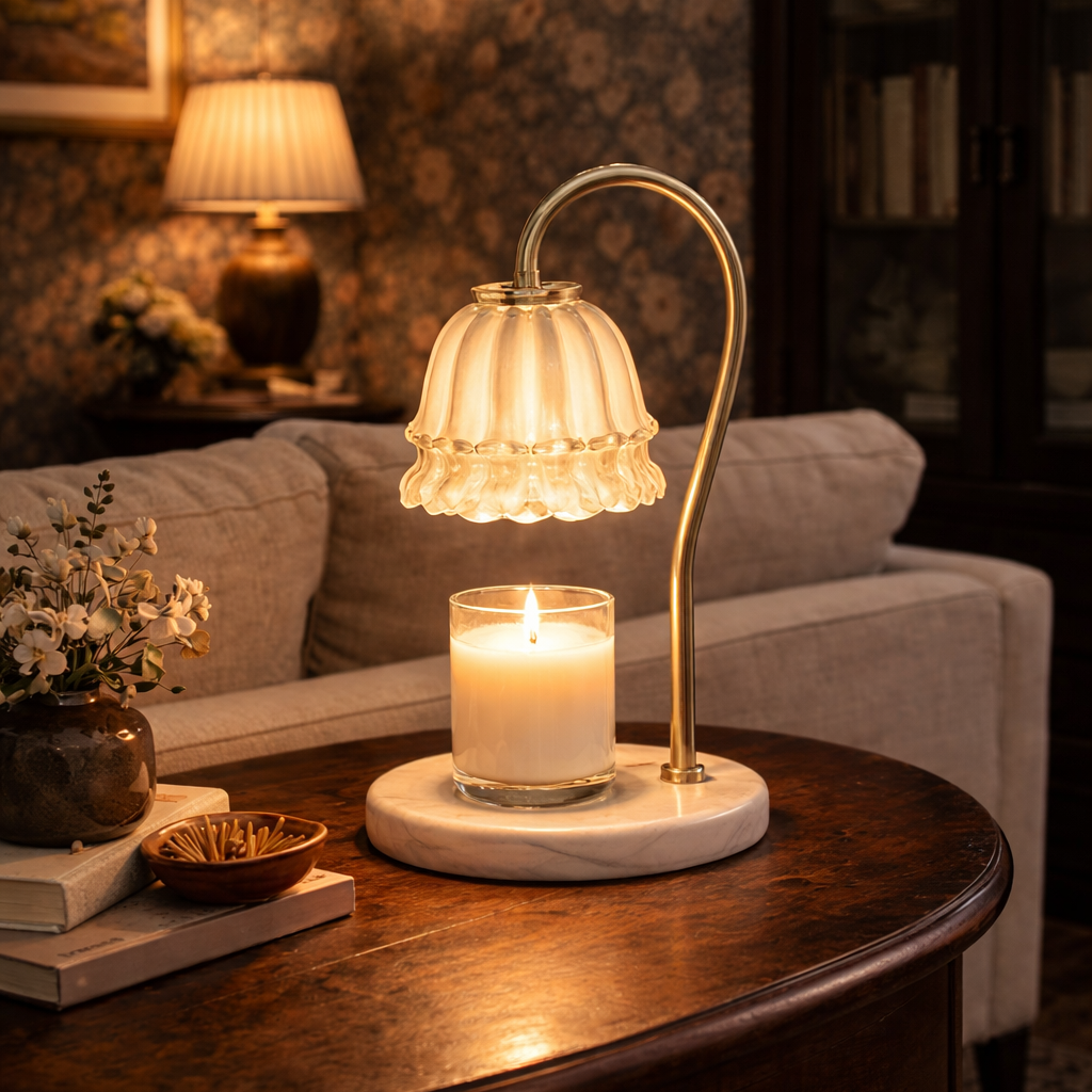 Fleur candle warming lamp in classical living room — soft diffused warm glow — Von Alden ambient lighting